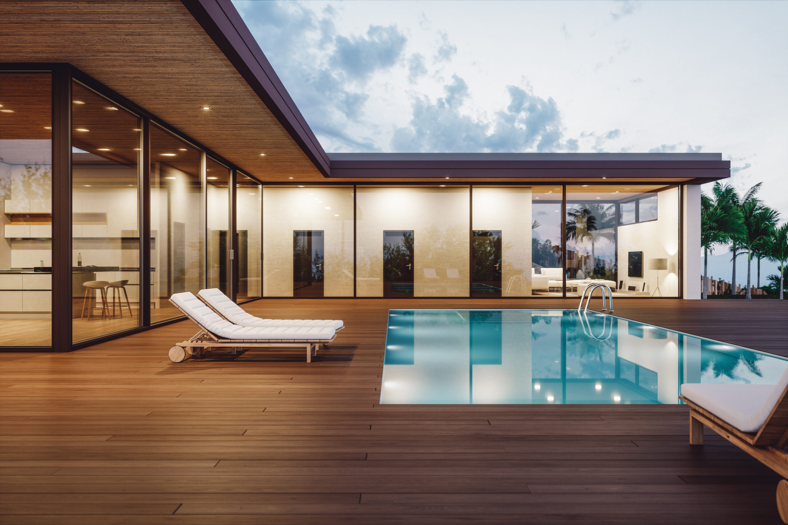 Modern Luxury House With Private Swimming Pool At Dusk
