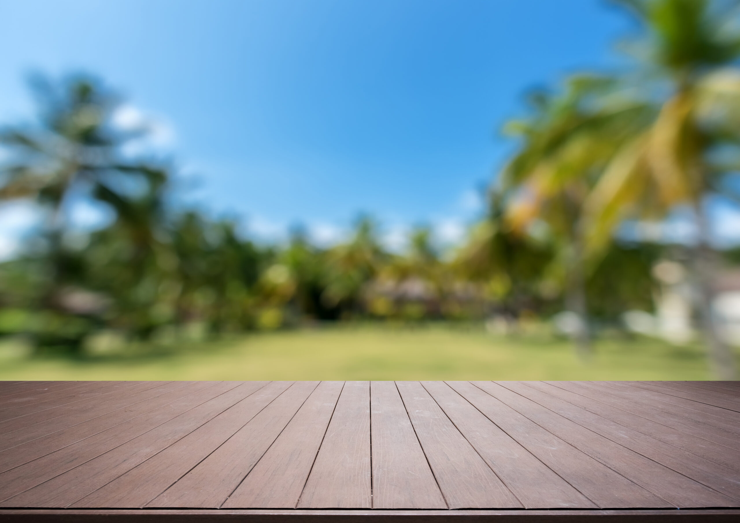 Wooden platform and tropical idyllic abstract background