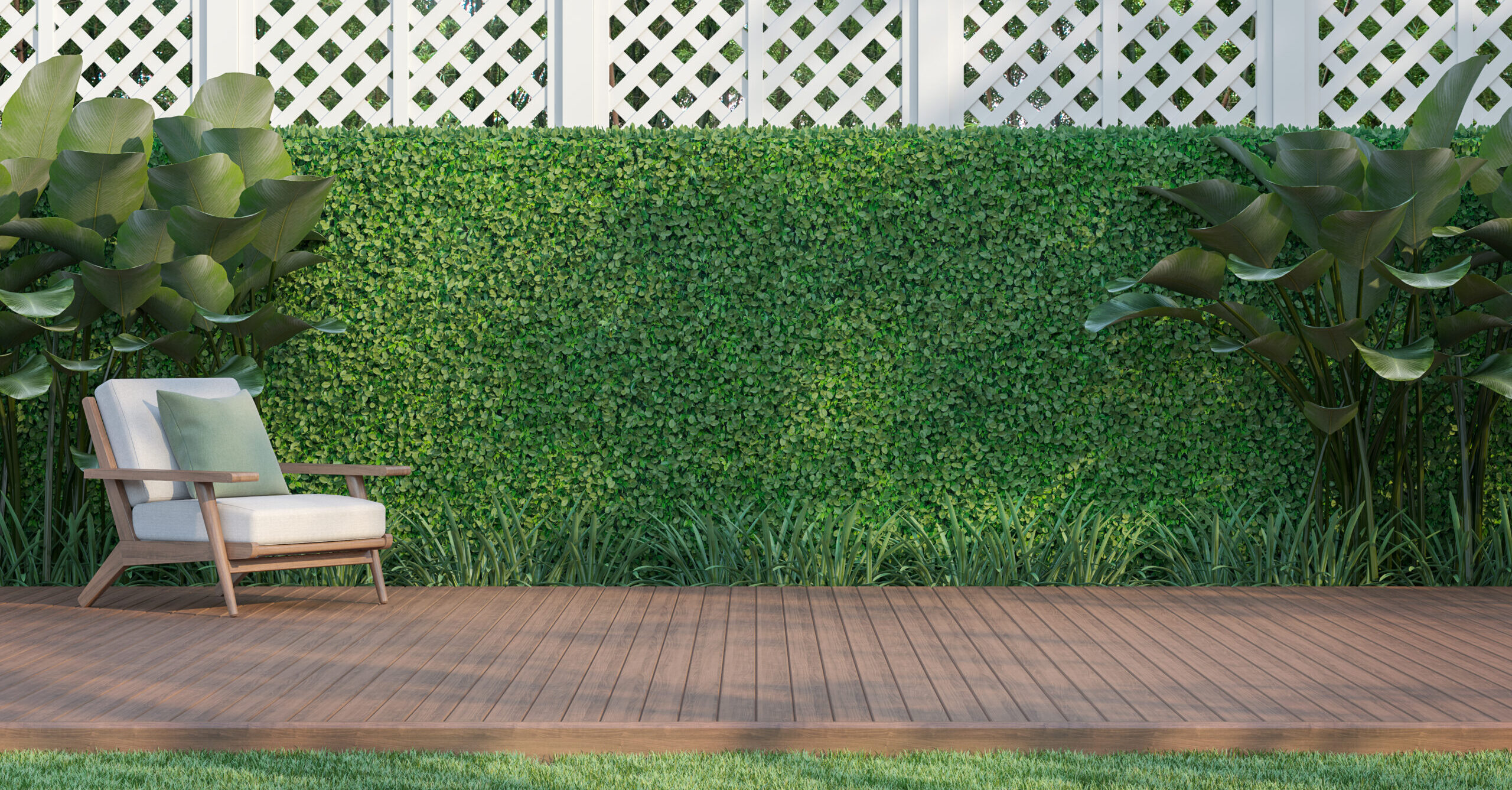 Outdoor wood terrace in the garden 3d render